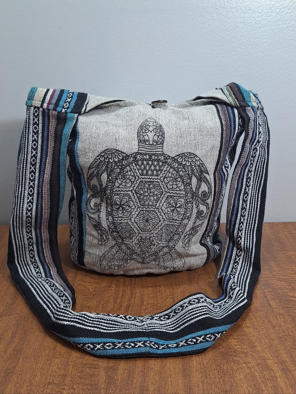 Handmade Cotton Sea Turtle Hobo Crossbody Sling Bag Wide Strap Gray Boho Hippie - Picture 10 of 16